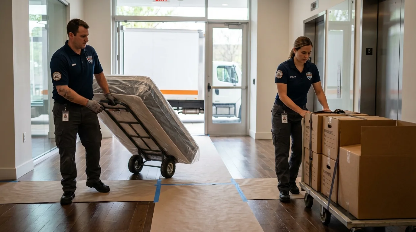 Professional apartment movers loading elevator in Beaverdale, PA